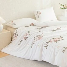 3件組向日葵刺繡白色床上用品套組（1件被套 + 2件枕套，不含芯），高級120G水洗布料，柔軟親膚透氣，適合四季使用，可機洗，單人/雙人/Queen/King尺寸 - 粉色 - 查看 4