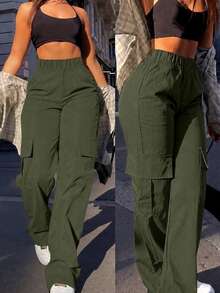 1pc Girls' Teen Casual Outdoor Loose Straight Leg Multi-Pocket Cargo Pants, School Style, Spring Summer Autumn Winter, Back To School Season - Army Green - View 2