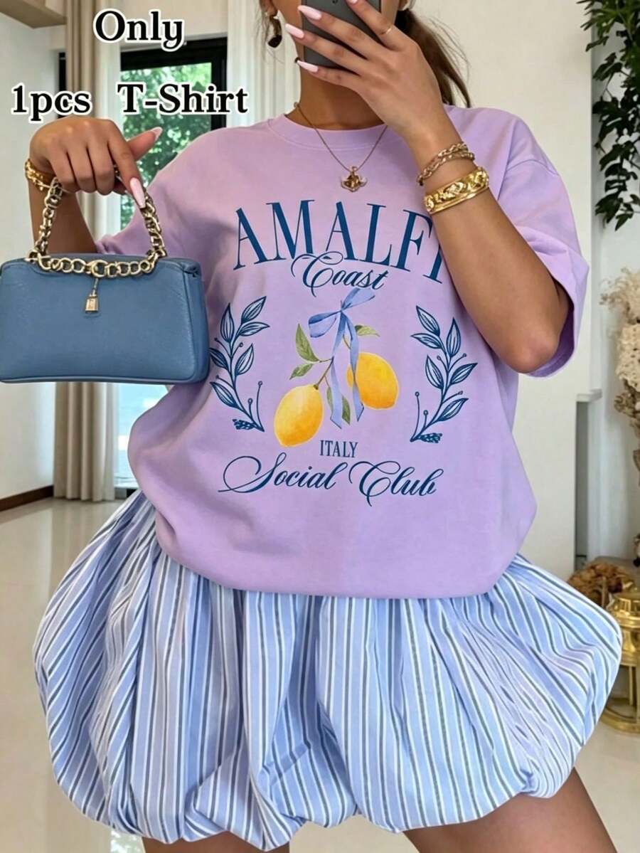 Women's Fall Amalfi Italy Lemon Graphic Tee, "AMALFI ITALY Social Club" Print, 180g Soft Slightly Stretch Cotton Round Neck Short Sleeve Casual Top - 淡紫色 - 查看 1