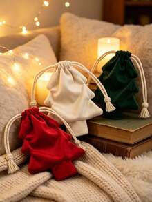 1pc Christmas Tree Velvet Gift Bag, Drawstring Candy Snack Bag, Christmas Small Gift Bag, Suitable For Holiday Party Favors, Wedding Guest Gifts, Christmas Decoration, Reusable Tree-Shaped Jewelry Candy Storage Bag, Holiday Gift Bag - I - View 3