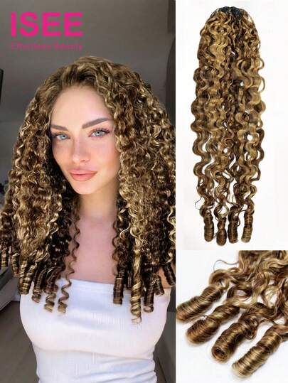 ISEE Tóc móc móc tóc người kiểu lông vũ xoăn Burmese highlight màu nâu 16-24 inch cho tóc tết Boho, vân xoăn tự nhiên, đã chia sẵn, dễ tạo kiểu, đeo hàng ngày cho nữ