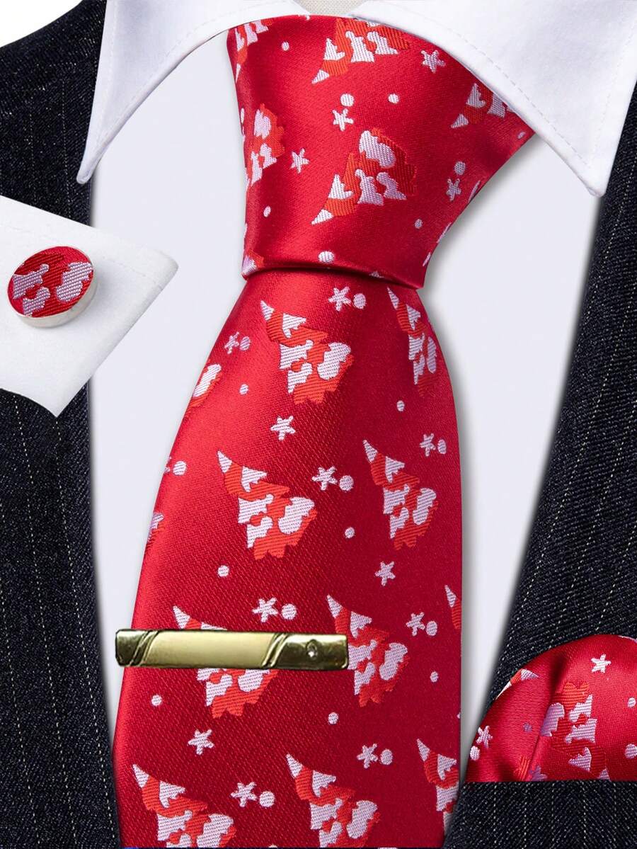 Red Necktie Pocket Square Cufflinks Tie Clip 4pcs Kit For Bachelor Group Dinner & Holiday Family Reunion Feast - Red - View 1