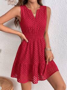 PRETTYGARDEN Women's Summer Dress Sleeveless V Neck Eyelet Cutout Swinging A-Line Flowy City Walks Wedding Guest Graduation Beach Vacation Sun Dress - 紅色 - 查看 4