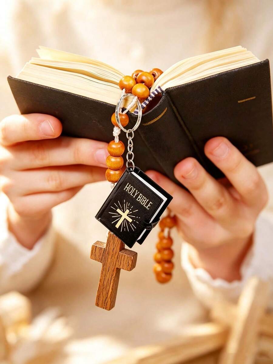 1 móc khóa mini hình sách Kinh Thánh, mặt treo sách tí hon thiết kế hình chữ thập, charm túi xách cầm tay cho nam nữ, dùng cho ba lô, ví, vòng chìa khóa