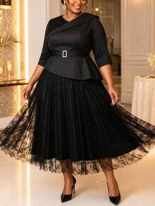Plus Size Women's Black Asymmetrical Ruffle Lace Pleated Maxi Dress, Asymmetric Collar, 3/4 Sleeve, Waist Tie, Elegant Church Formal Party Gown - Black - View 8