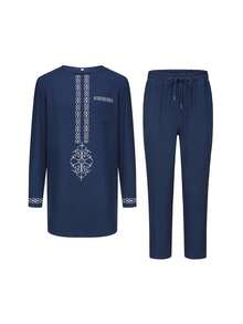 Kaftan Men's Suit Long Sleeve Embroidered 2 Pieces Suit Traditional Men's Clothing African Style Suitable For Party Weddings - Navy Blue - View 2