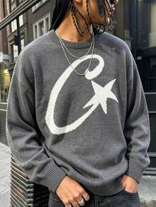 ANDREILEE 春秋冬男女款高街時尚休閒寬鬆長袖圓領復古美式星星圖案輕便舒適針織套頭衫 - 灰色 - 查看 1