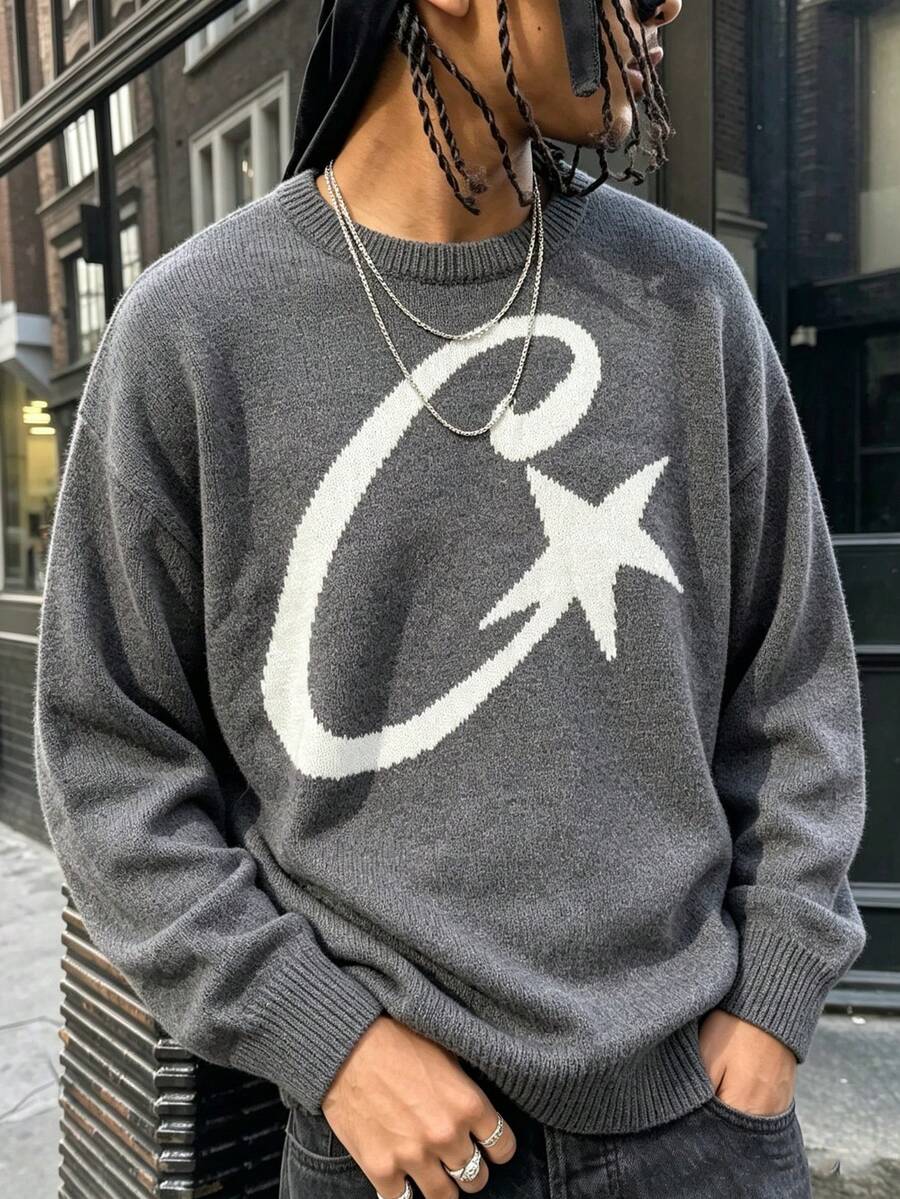 ANDREILEE 春秋冬男女款高街時尚休閒寬鬆長袖圓領復古美式星星圖案輕便舒適針織套頭衫 - 灰色 - 查看 1