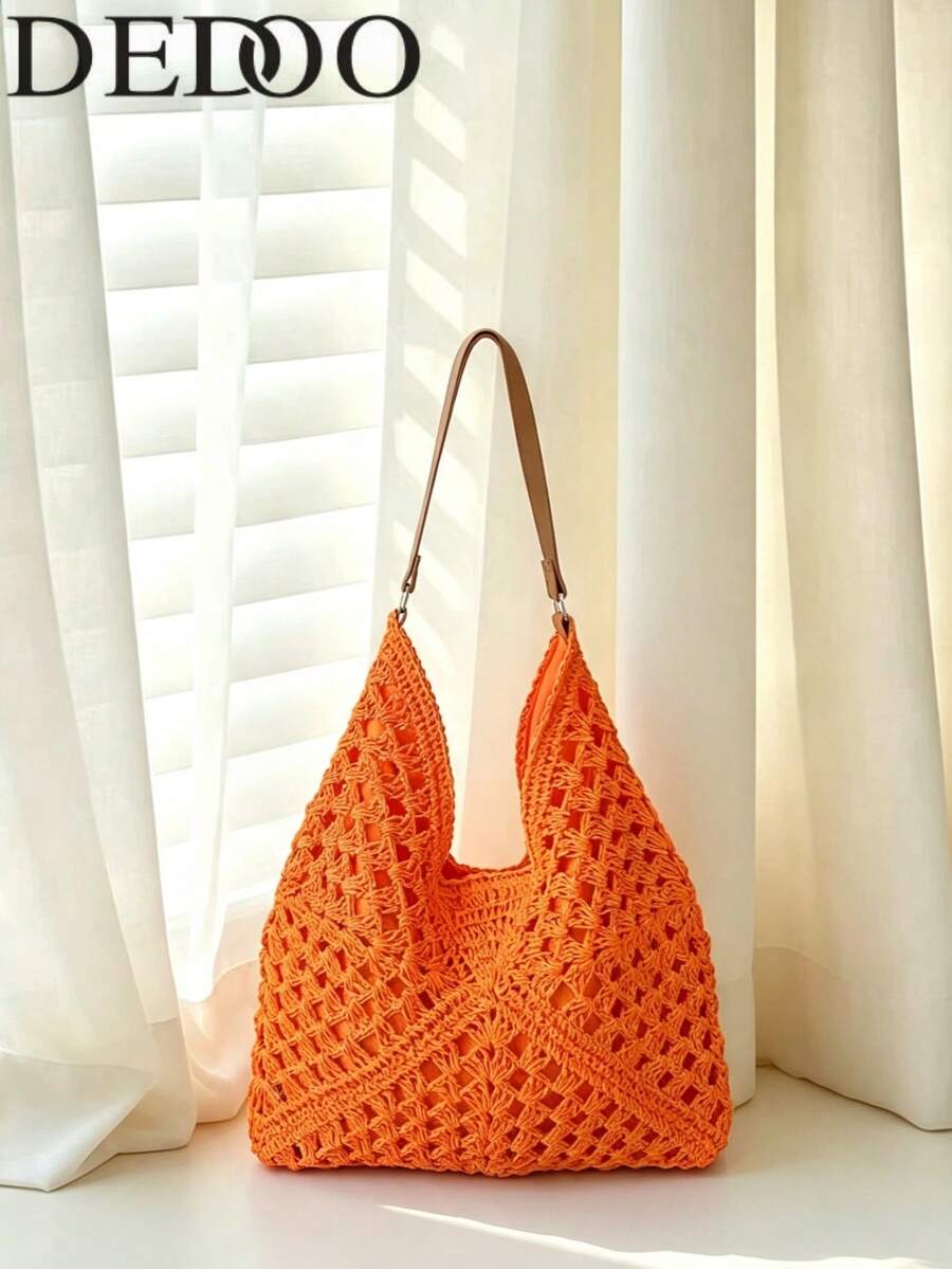 Dedoo Large Capacity Vacation Style Hollow Straw Handbag, Bohemian Woven Shoulder Bag, Casual Retro Romantic Style With Tri-Color Interwoven Diagonal Geometric Pattern, Visually Rich Layered Design, Suitable For Travel, Beach, Summer Outings, Shopping, Gifts