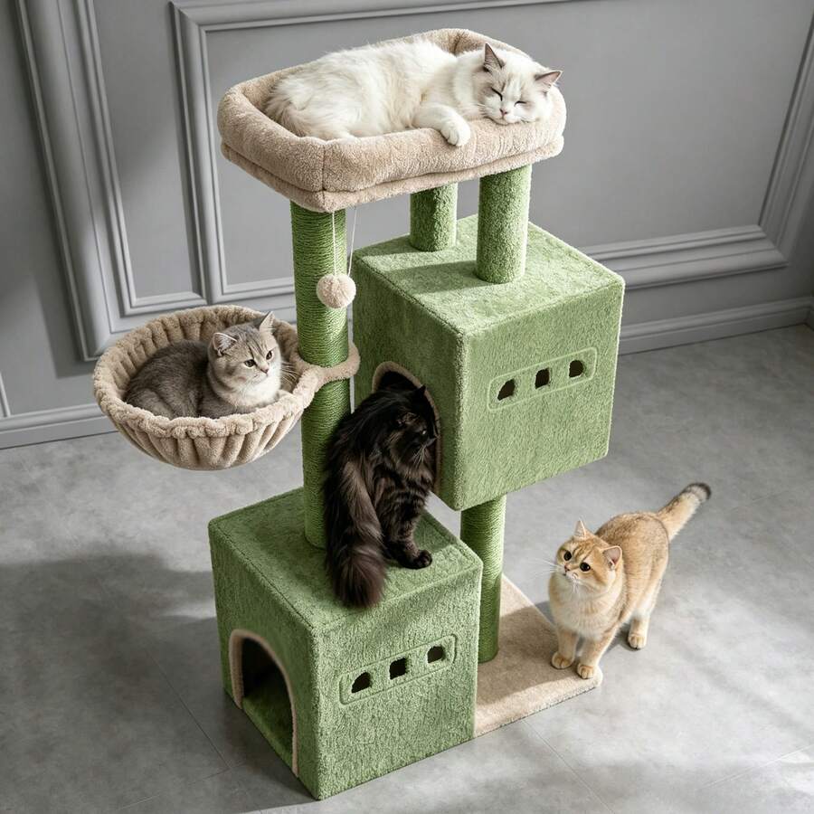 HEXCELEN 98 Cm Tower, Cat Tree, Sisal Scratching Post, Cats Tower For Indoor, Multi-Level Stable Cat Tree With Cats House, 2 Caves - Green - View 1