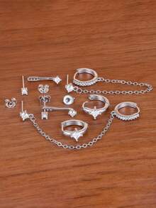 6PCS Exquisite Tassel Chain Geometry Stud Earrings Set For Women Simple Rhombus Hoop Earring Daily Wear Jewelry - 6PCS-silver - View 3