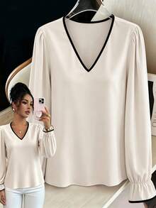 abyoxi V Neck Contrast Black Trim Blouse Women Elegant Puff Long Sleeve Flare Cuff Satin Shirt Casual Office Daily Wear Chic Loose Fit Tops - Apricot - View 4