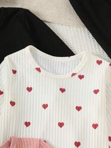 Conjunto de 6 piezas para niñas: Camiseta de manga larga con cuello redondo de unicolor acanalado y estampado de corazones, y pantalones multicolor. Conjunto de manga larga lindo para primavera/otoño para niñas - Multicolor - Ver 5