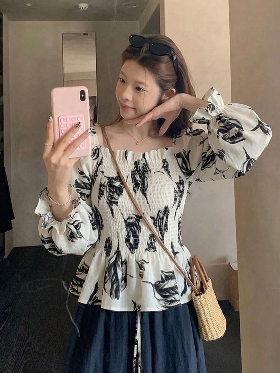 Women's Ink Painting Pleated Casual Versatile Daily Wear Shirt - Apricot - View 1