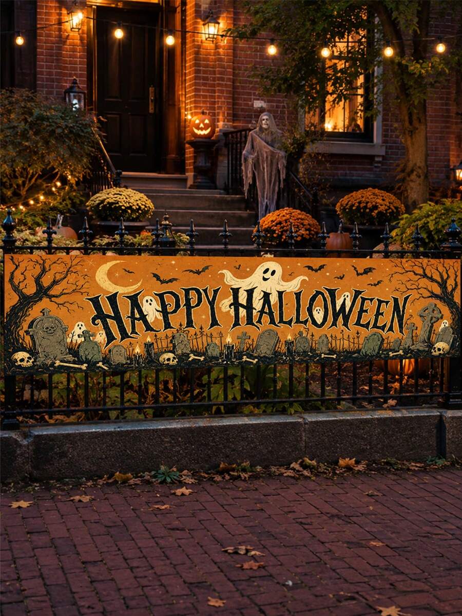 1pc Halloween Banner, Vintage Orange Happy Halloween Letters With Pumpkin, Ghost, Black Cat, Skeleton Monster Print, Suitable For Porch, Yard, Wall And Holiday Party Decoration - Vintage Cartoon - View 1