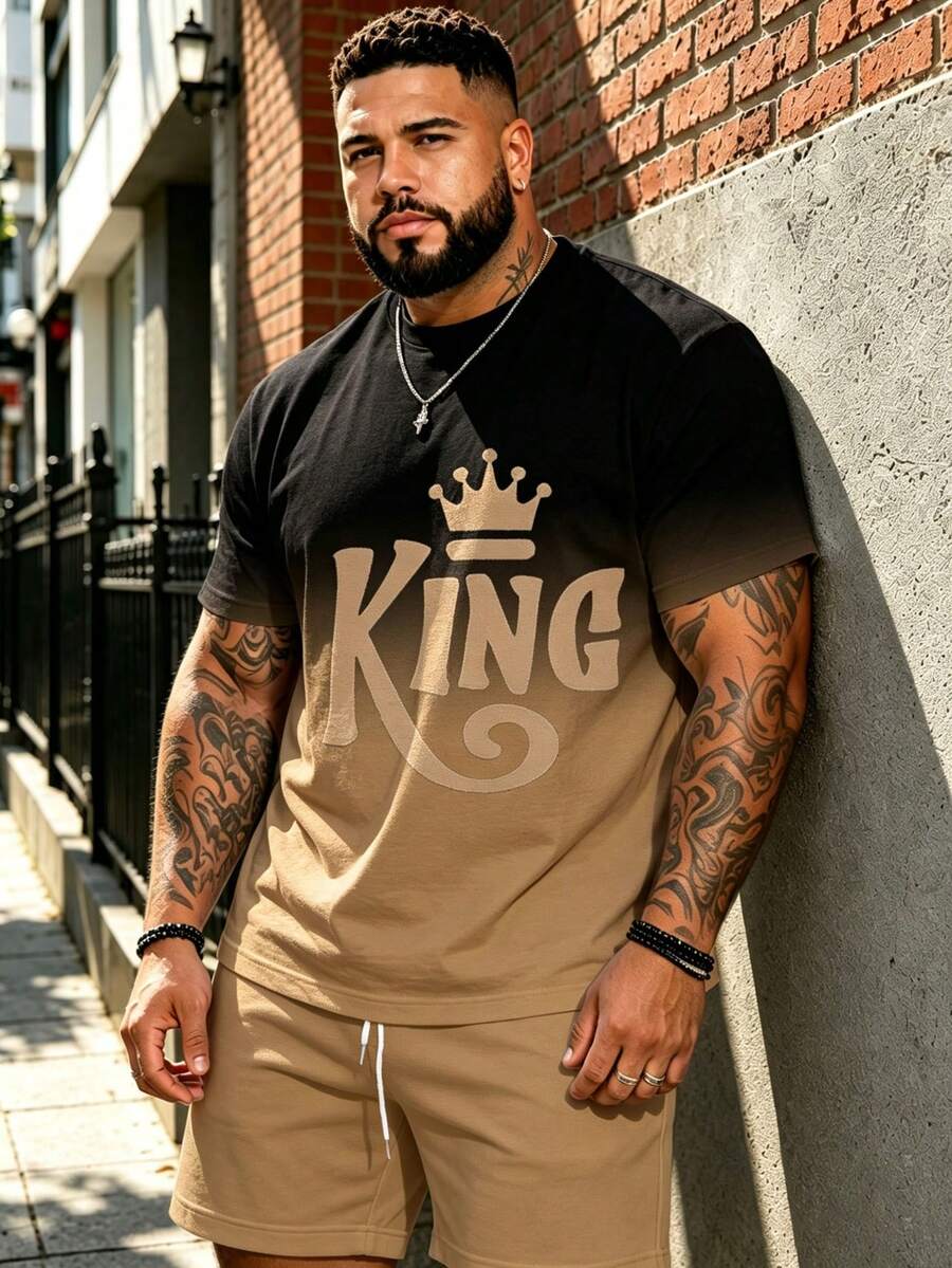 2pcs Plus Size Men's American Streetwear Set, Black-Brown Gradient Base "KING" Crown Print Short Sleeve T-Shirt + Matching Solid Color Drawstring Casual Shorts, Loose Breathable Summer Streetwear Sports Versatile 2-Piece Set - Brown - View 1