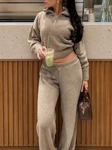 MORI Autumn/Winter Light Khaki Half-Zip Cropped Sweater & Pants 2 Pieces Set Women's Outfit For Coffee Date - Oat - View 8