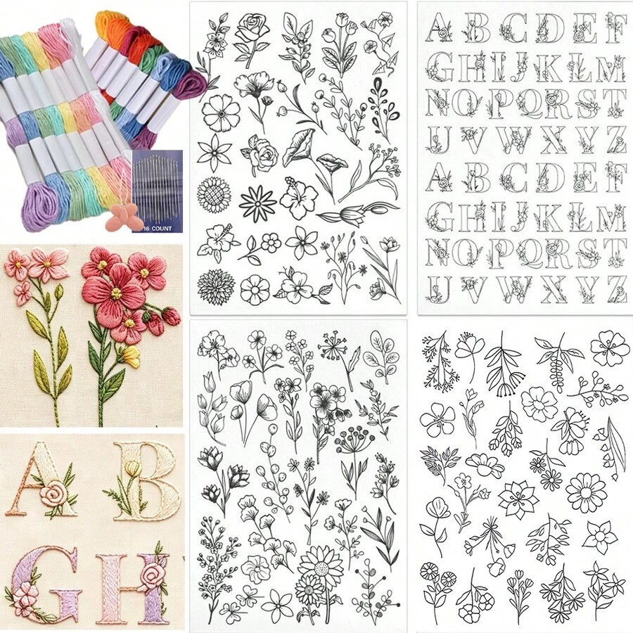 8.5x11 Inch Water-Soluble Embroidery Stabilizer Paper, Washable Embroidery Backing, Pre-Printed Floral Letter Pattern, Suitable For Hand Sewing Enthusiasts And Beginners