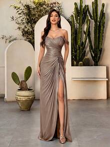 Elegant Cold Shoulder Heart-Neckline Ruched Waist Shiny Satin High-Slit Fitted Mermaid Floor-Length Evening Gown, Suitable For Parties, Wedding Guests, Proms - Brown - View 5