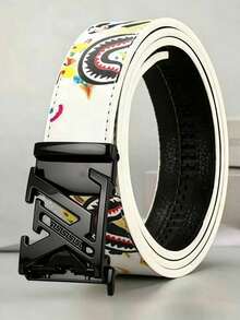 Adjustable Automatic Buckle Belt For Men, Fun Cartoon Shark Print Belt Strap Stylish Hollow X Metal Buckle Belt For Casual Daily Occasions - Multicolor - View 9