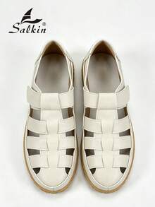 Salkin 夏季女款包頭羅馬平底涼鞋鏤空編織籠鞋橡膠底米色休閒走路鞋復古透氣漁夫涼鞋適合日常度假 - 米色 - 查看 5