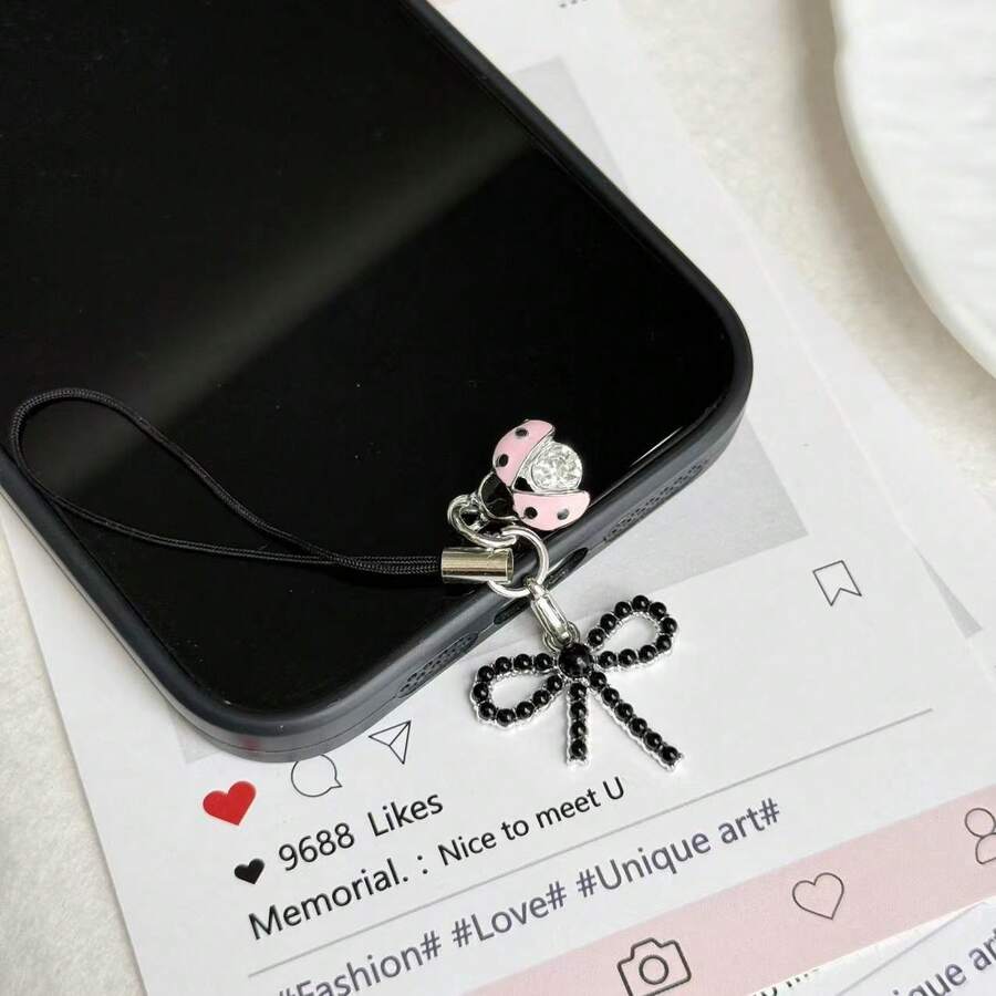 1pc Pearl Bowknot Rhinestone Seven-Star Ladybug Phone Chain Pendant, Universal For Smartphones, Minimalist Healing Small Charm, Can Decorate Keychains And Bags