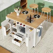 Carrito de servicio con 2 taburetes, carrito de cocina y encimera plegable con toallero, estante para especias, estante para vino y estantes ajustables, para comedor, sala de estar, balcón, mostrador, blanco - Blanco - Ver 2