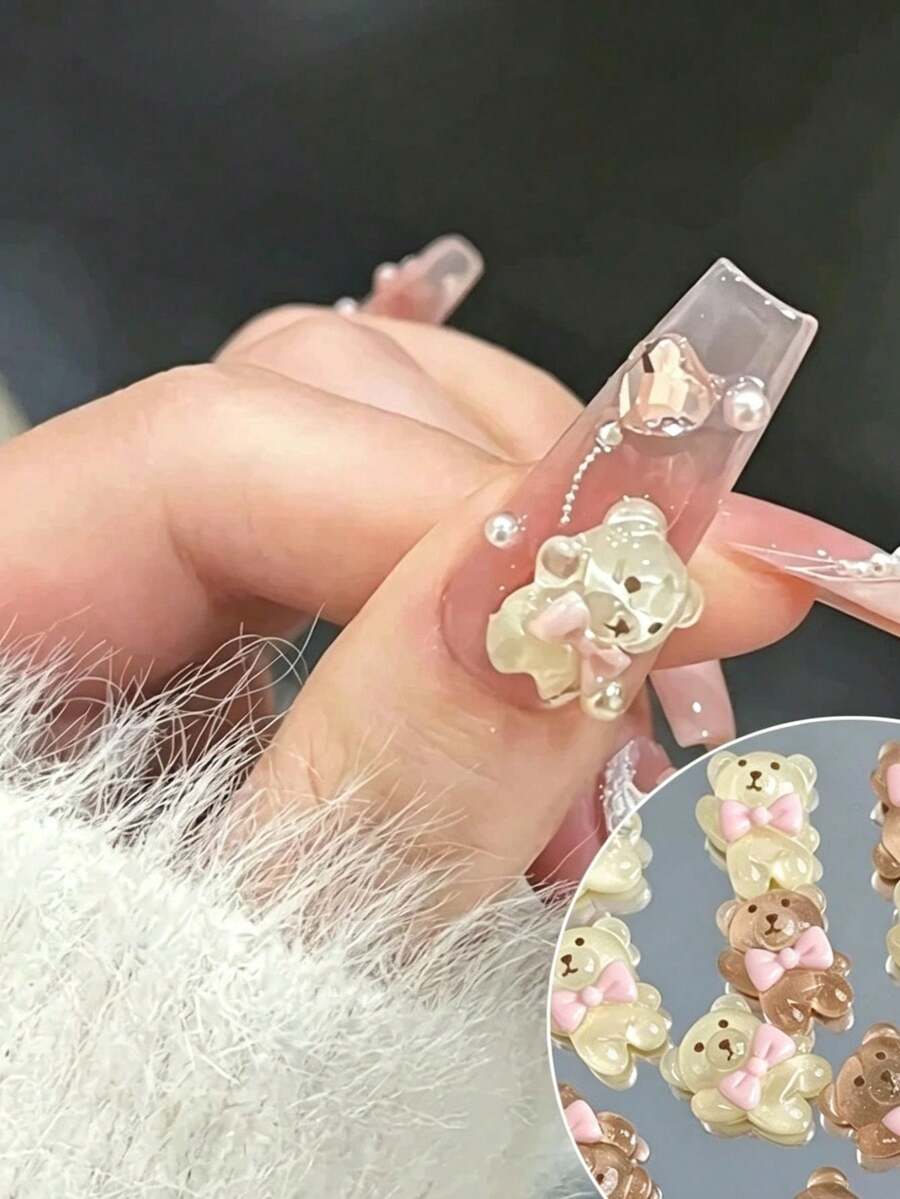 2件裝隨機混色亮片透明蝴蝶結小熊美甲飾品,透明樹脂小熊內含細亮片,搭配粉色蝴蝶結,動感柔美設計,3D紋理,打造清新甜美美甲風格 - 彩色 - 查看 1