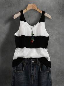 Women Striped Knit Vest Elegant Casual Top For Daily Date Travel & Vacation Spring Summer Beach - Black and White - View 1