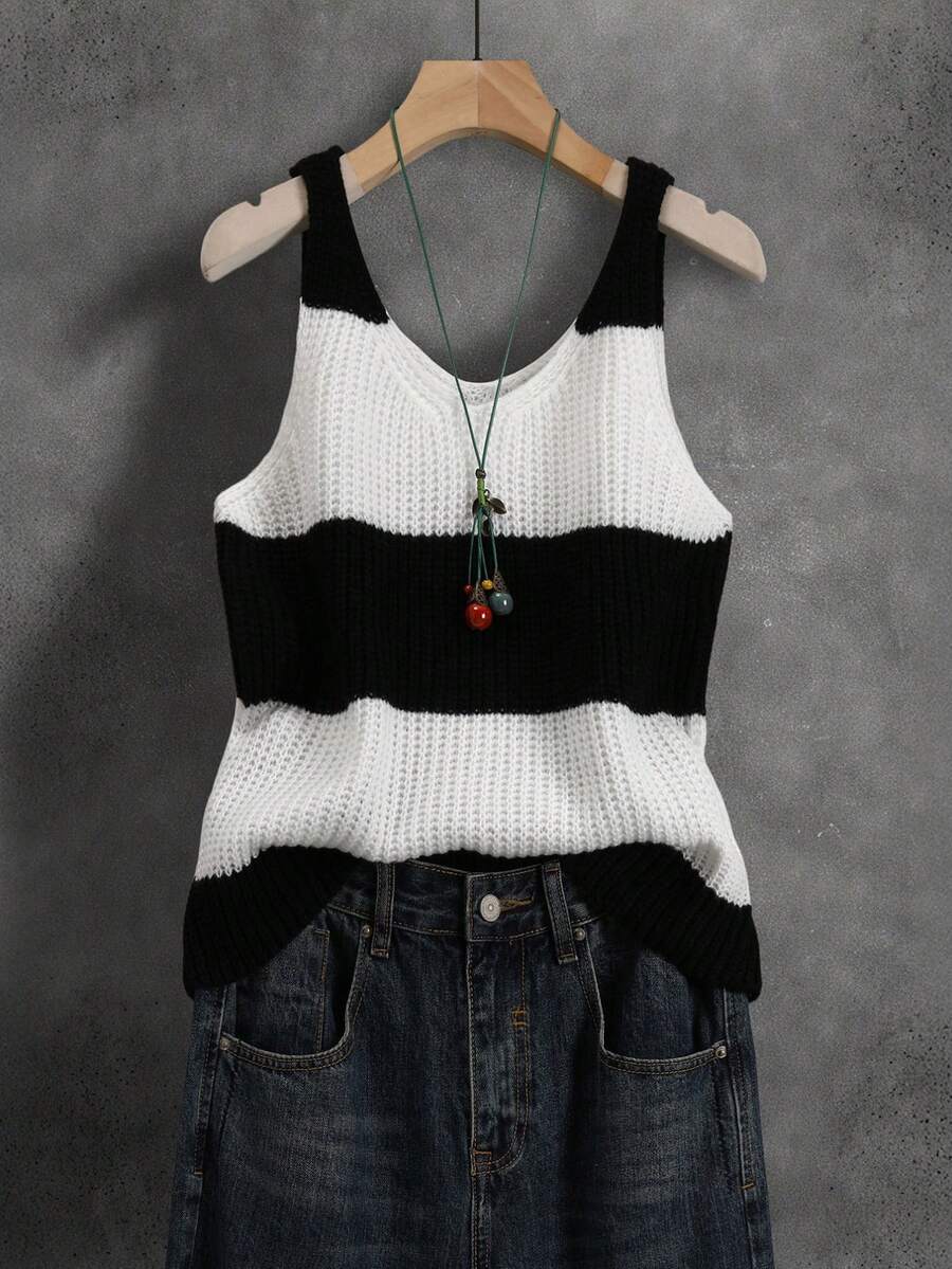 Women Striped Knit Vest Elegant Casual Top For Daily Date Travel & Vacation Spring Summer Beach - Black and White - View 1