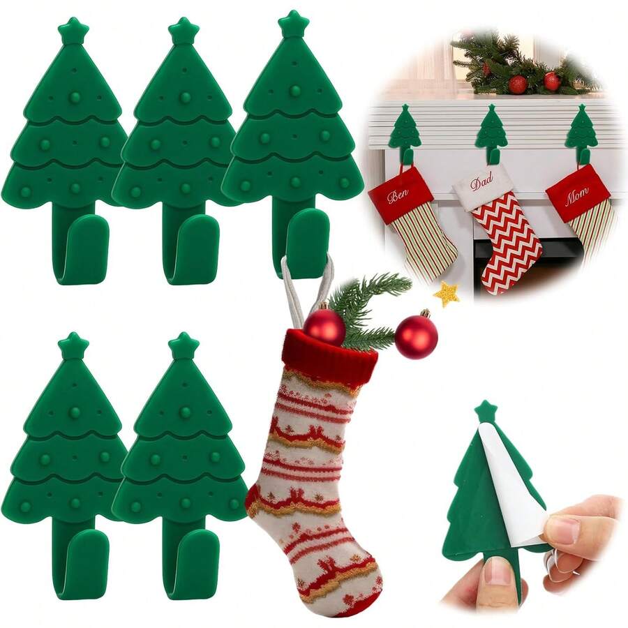 Christmas Tree Stocking Holder Stand For Cloak, Adjustable, Self-Adhesive, Silicone, Christmas Stocking Hook, Christmas Wreath Hook, Tree-Shaped Decoration, Suitable For Fireplace, Table, Shelf Decoration - Multicolor - View 1