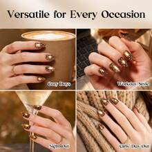Beetles Maple Brown Cat Eye Press-On Nails, Short Almond Polka Dot False Nails With Glue & Adhesive Tabs, Ready-To-Press Fall Manicure Kit - Brown Cat Eye Short Almond Polka Dot Design - 查看 4