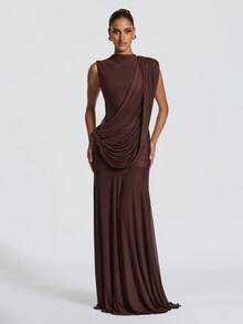 Elegant Sexy Backless Party Dress, Round Neck Pleated Design, Backless Detail, Perfect Choice For Parties - Brown - View 4