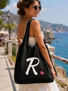 Pink Heart Letter A-Z Pattern Vest-Style Shoulder Bag, Women's Casual Canvas Tote Bag, Suitable For Vacation, Beach And Daily Life, Perfect Gift For Women, Mothers, Teachers, Friends And Bridesmaids, Large Capacity Bag, Students, Back To School Season, Portable Casual Storage Tote Bag, Multi-Functional Shopping Bag, Novel Design, Large Capacity, Ideal For Shopping, Shoulder Bag, Tote Bag, Lunch Bag, Lunch Box And More. - Multicolor - View 10