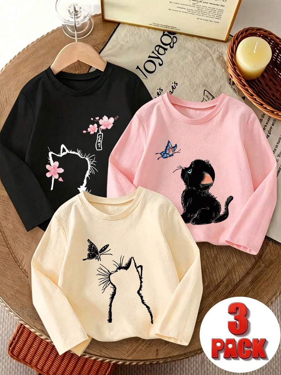 3pcs-Tween Girl Casual Fun Print Crew Neck Pullover Long Sleeve T-Shirt Autumn/Winter Top - Black - View 1