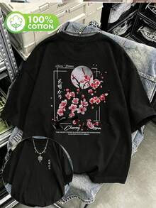 大尺碼女款水洗棉短袖T恤，花卉圖案，雙面印花，復古寬鬆版型，Y2K街頭風，休閒黑色夏季款 - 黑色 - 查看 11