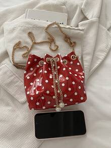 1pc Solid Color PU Drawstring Bucket Bag With Polka Dot Pattern Chain Crossbody Women's Fashion Shoulder Bag - Red - View 5