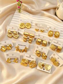 4/8/16/20pcs French Retro Heart Geometric Floral Gold Stainless Steel Earrings - Multicolor - View 3