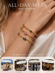 FAAABULS 1pc Multi-Layer Wrapped Bamboo Knot Chain Rhinestone Bracelet, Oval Colorful Rhinestone Stackable Delicate Chain Bracelet, Women's Daily Commute Party Accessory - Rhinestones - View 4