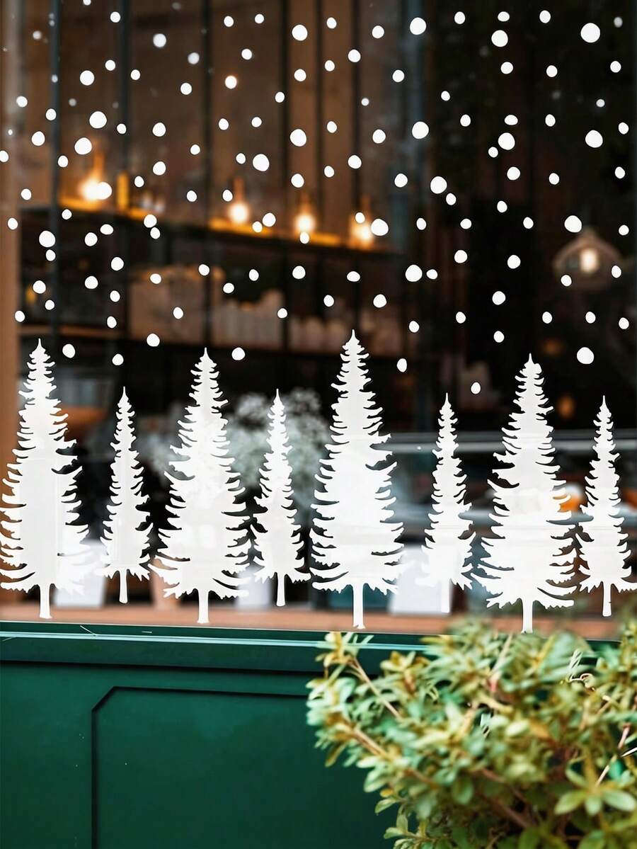 4件組聖誕窗貼，可移除PVC聖誕樹貼紙，雪地聖誕森林樹雙面可重複使用冬季窗貼，適用於節日聖誕派對居家窗戶玻璃裝飾