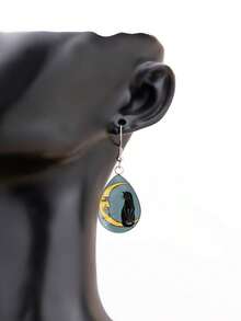 1 Pair Crescent Moon Cat Face Vintage Gothic Pattern 316 Stainless Steel Water Drop Earrings For Women, Daily Wear And Gift - Navy Blue - View 7
