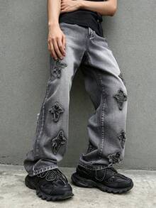 Tween Boy Casual Vintage Cross Patch Denim Jeans - Black - View 3