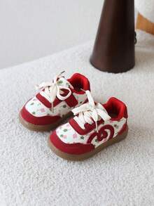 1 Pair Baby Girls' Retro Floral Soft Sole Casual Sneakers, Versatile Board Shoes - Red - View 2