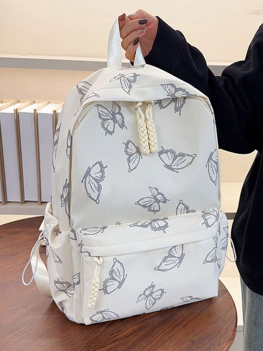 1件大容量時尚女款經典學生後背包，多口袋百搭通勤上學包 - 白色 - 查看 1