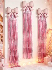 4pcs 21-Inch Bow Balloons + 2m Metallic Fringe Curtain Balloon Set, Wall Hanging Party Background Decoration, Birthday, Wedding, Christmas, Halloween, Baby Shower Theme Party Decor, Holiday Photo Backdrop Props - 4-piece Butterfly Balloon Rain Curtain Set - View 12