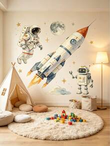 1 set/2 stora akvarellväggdekaler med rymdmotiv, lämpliga för barnrum, astronaut-, raket- och robotdekalset, avtagbar självhäftande vinylväggmålning, galaxtema för sovrumsdekoration - Multifärgad - Visa 1
