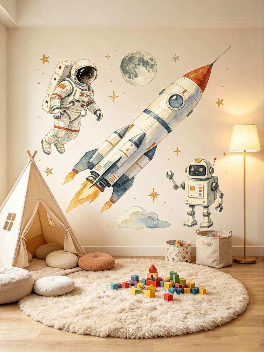 1 set/2 stora akvarellväggdekaler med rymdmotiv, lämpliga för barnrum, astronaut-, raket- och robotdekalset, avtagbar självhäftande vinylväggmålning, galaxtema för sovrumsdekoration - Multifärgad - Visa 1