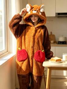 Women's Cute Cartoon Raccoon Hooded Flannel Bathrobe, Thick Soft Plush Loungewear, Non-Stretch Machine Washable Warm Home Robe, Suitable For Cold Winter Indoor, Bathroom And Christmas, Comfortable Breathable Absorbent Quick-Drying, Applicable For Home/Spa/Hotel/Leisure - Multicolor - View 9