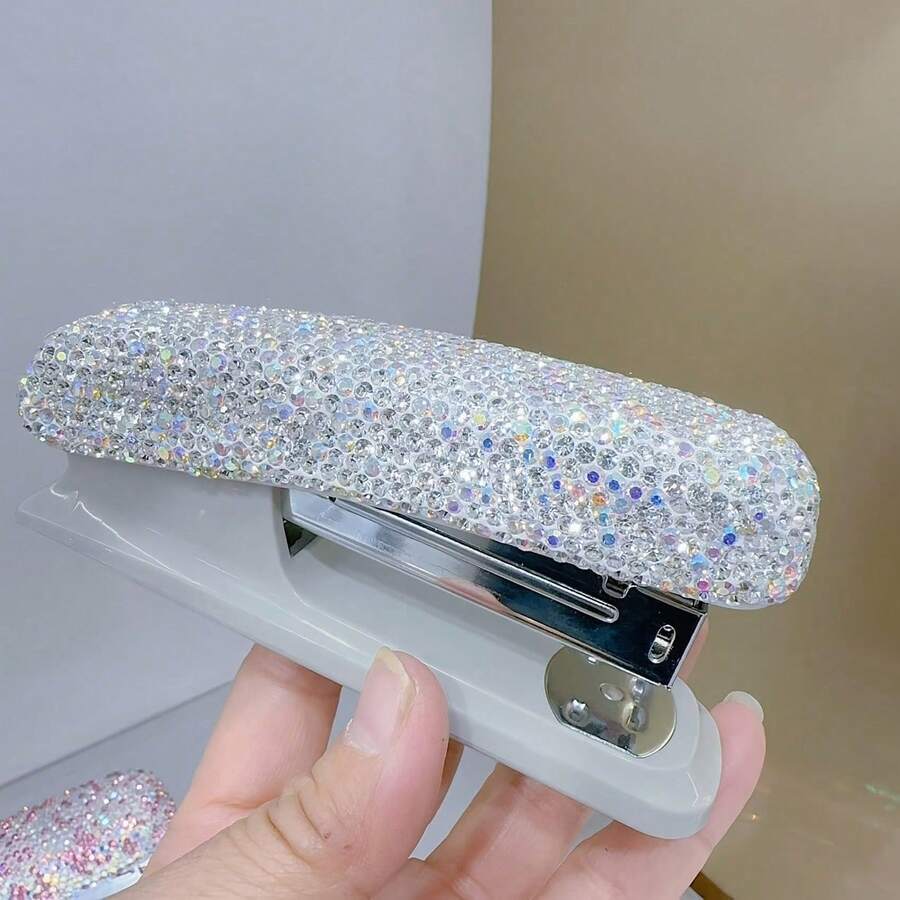 Engrapadora portátil decorada con strass brillante, encuaderna hasta 20 hojas, herramienta multifuncional de oficina y útiles escolares para estudiantes - Blanco (diamante blanco mixto) - Ver 1