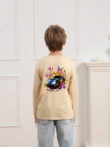 Tween Boy Casual Fun Print Crew Neck Pullover Long Sleeve T-Shirt, Autumn/Winter Top - Apricot - View 3